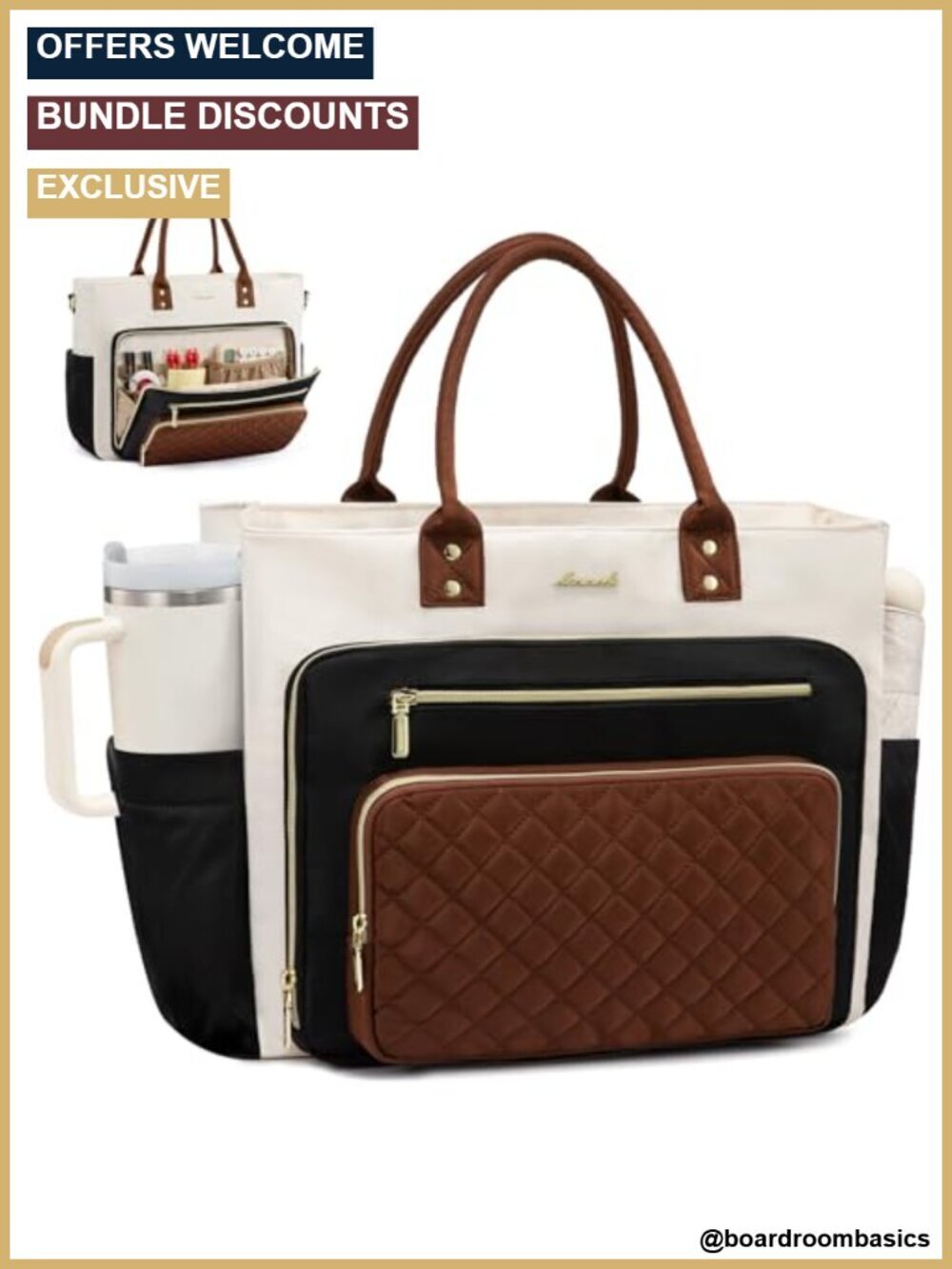 Laptop Tote Bag with Large Cup Holder, 15.6 Inch, Multi-Pocket Work Bag